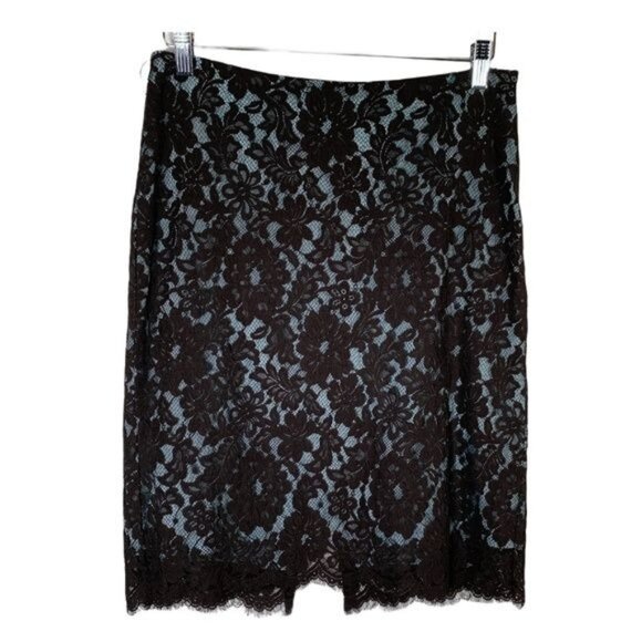 Karen Kane Lace Pencil Skirt Size 4 | Brown Blue Floral Overlay Fall Workwear - Picture 1 of 9
